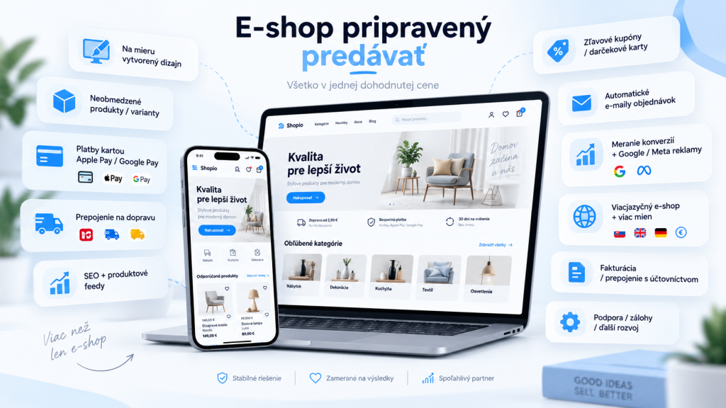 Ukážka e-shopu pripraveného predávať s platbami, dopravou, kupónmi a napojeniami