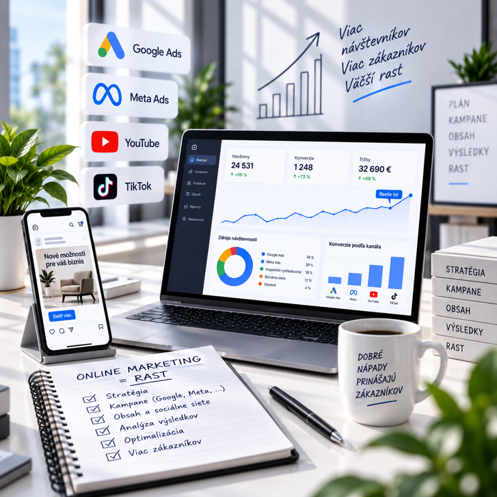 Ukážka online reklamy s Google Ads, Meta Ads, YouTube, TikTok a výsledkami kampaní
